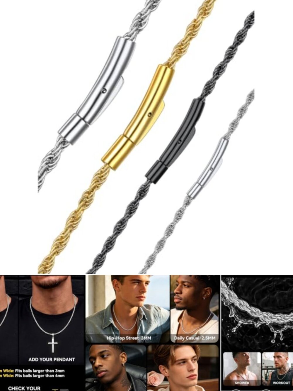 Stainless Steel Rope Chain Necklace Button Clasp Twisted Men's 22 Inch